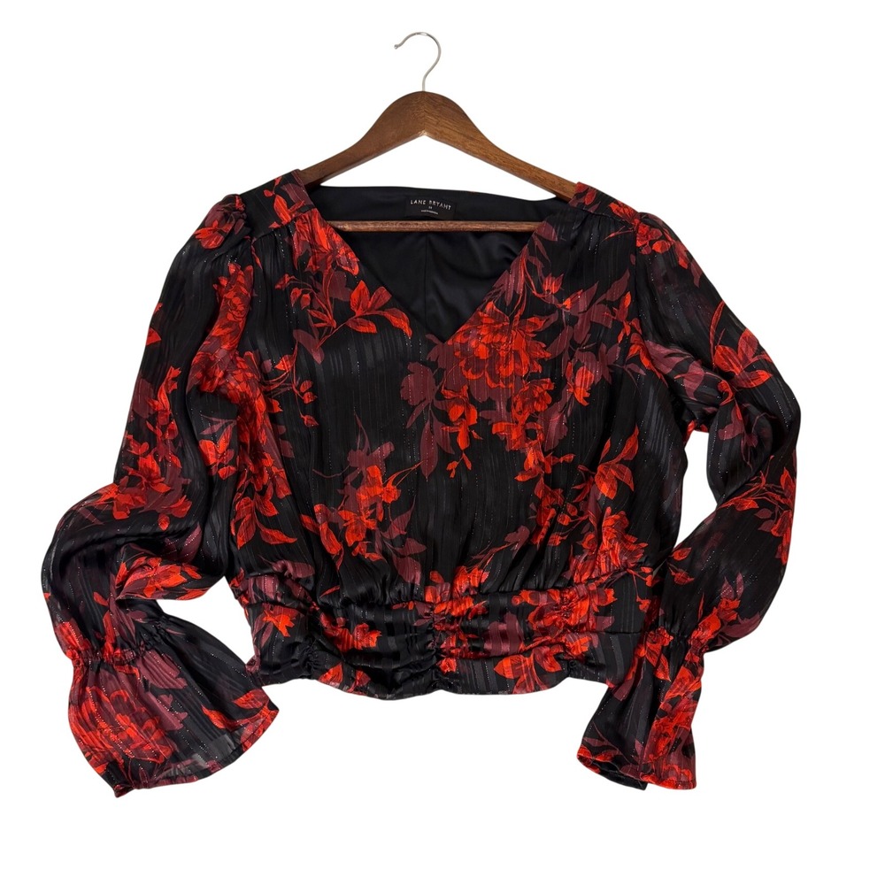 Lane Bryant Blouse Womens 14 Black Red Excellent Floral Metallic Ruched V-Neck
